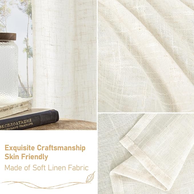 LAMIT Short Sheer Linen Curtains 30 inches Long, Bronze Grommet Linen Drapes Light Filtering Semi Sheer Curtains for Small Window/Kitchen/Cafe, 2 Panels, 34 x 30 Inch, Cream