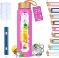 Aqulea Glass Water Bottles 32 Oz with Silicone Sleeve - BPA Free Reusable Wide Mouth Glass Motivational Water Bottles with Fruit Infuser – Leak Proof Borosilicate Water Bottle with Time Marker (Rose)