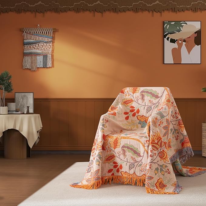 Boho Throw Blanket Queen Size, Soft Cozy Cotton Muslin Quilt Blanket for Bed Decor, Floral Patterned Couch Sofa Chair Cover, Vintage Farmhouse Cottage Tapestry Woven Blanket, Coral&Green