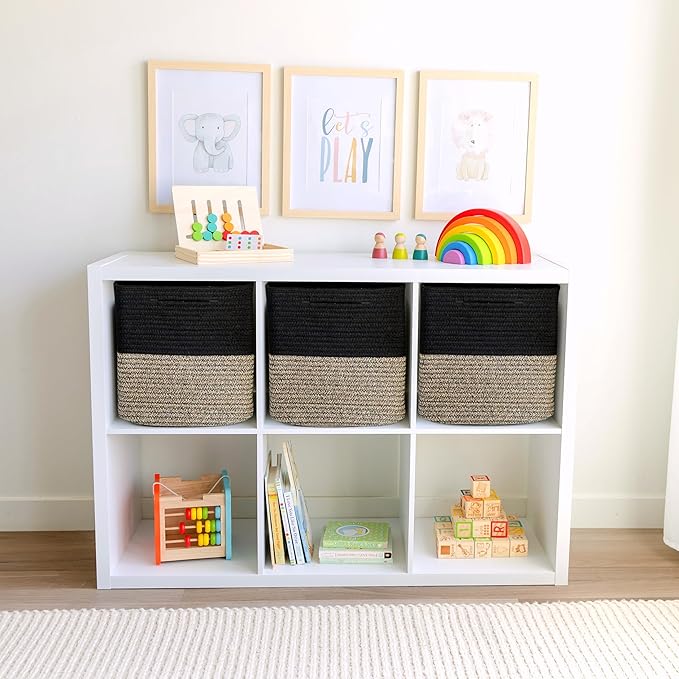 NaturalCozy 13 Inch Cube Storage Bins Cotton Rope Woven Baskets for Organizing 3-Pack | 13 x 13 Storage Cubes | Fabric Square Storage Baskets for Shelves Organizer, Kids Toy Bins, Closet Baby Nursery