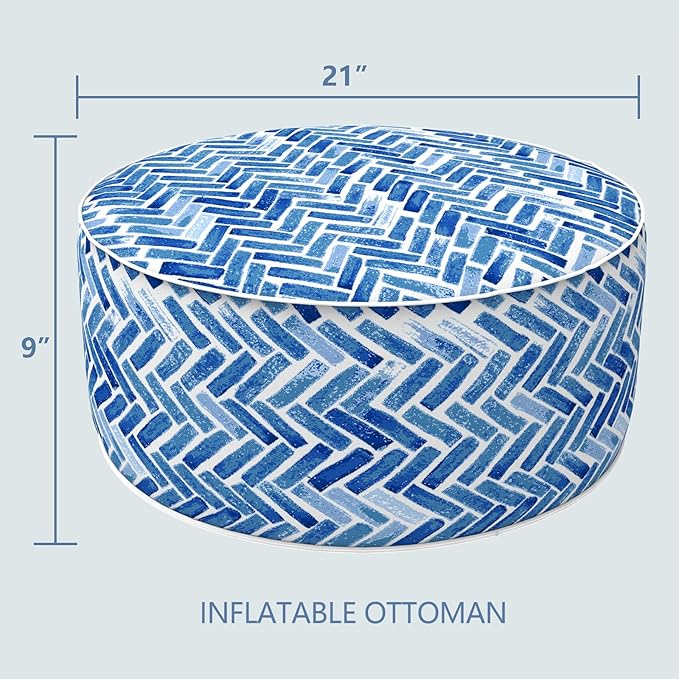 LVTXIII Indoor/Outdoor Inflatable Ottoman, All Weather Round Footrest Stool D21”x H9”, Portable for Patio Garden Camping or Home-Blue Bricks
