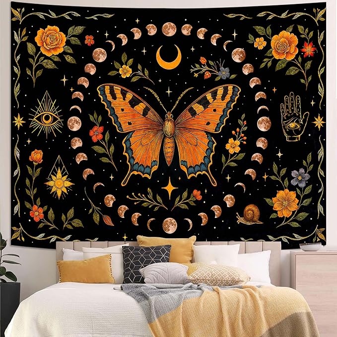 Lunerfex Moon Phase Butterfly Floral Wall Tapestry, Celestial Botanical Tapestries for Room Decor, Mystical Tapestry 60x44 Inch