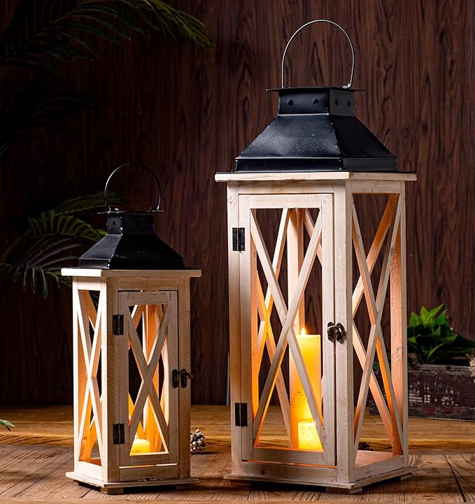 TIMRIS Large Wooden Candle Lanterns Decorative Set of 2, Rustic Farmhouse Whitewash Floor Lanterns, Indoor/Outdoor Hanging Lanterns for Home Decor (No Glass)