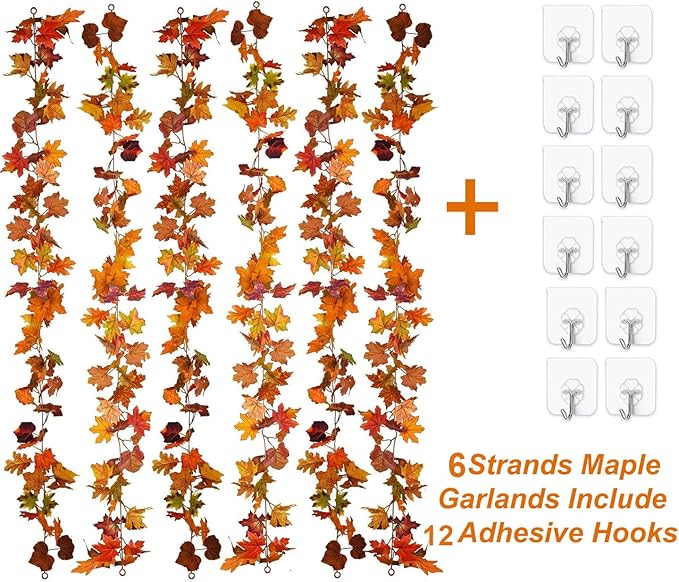 Lvydec 6 Pack Fall Maple Garland - 5.9ft/Strand Artificial Fall Foliage Garland Realistic Maple Leaves Autumn Decor for Home Wedding Halloween Thanksgiving Party
