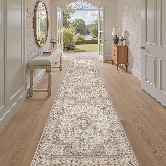 Washable 2.6x14 Runner Rug - Area Rugs Neutral Vintage Distressed Floral Farmhouse Boho Large Soft Floor Rug Indoor Carpet for Hallway Entryway Home - Brown/Multi