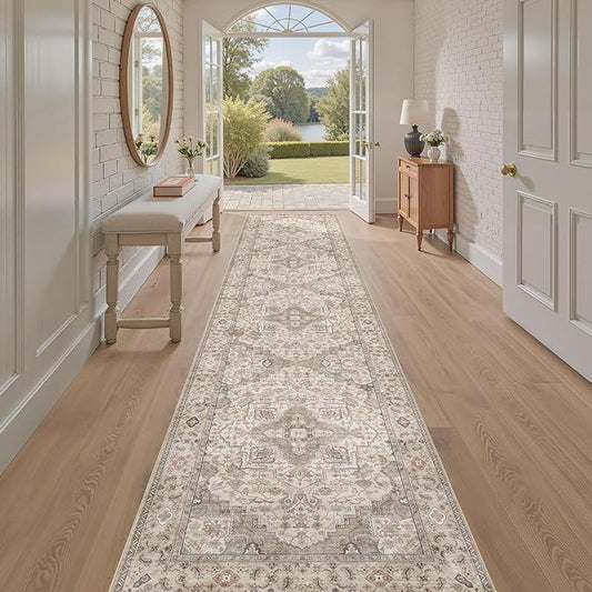 Washable 2.6x14 Runner Rug - Area Rugs Neutral Vintage Distressed Floral Farmhouse Boho Large Soft Floor Rug Indoor Carpet for Hallway Entryway Home - Brown/Multi