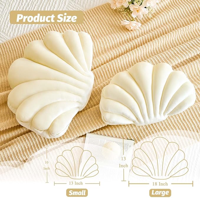Cream Seashell Throw Pillows, Shell Shaped Throw Pillows, 13 Inch Soft Velvet Home Decorative Pillow Plush Cushion for Bed Couch Living Sofa Room Decor Accent Throw Pillow