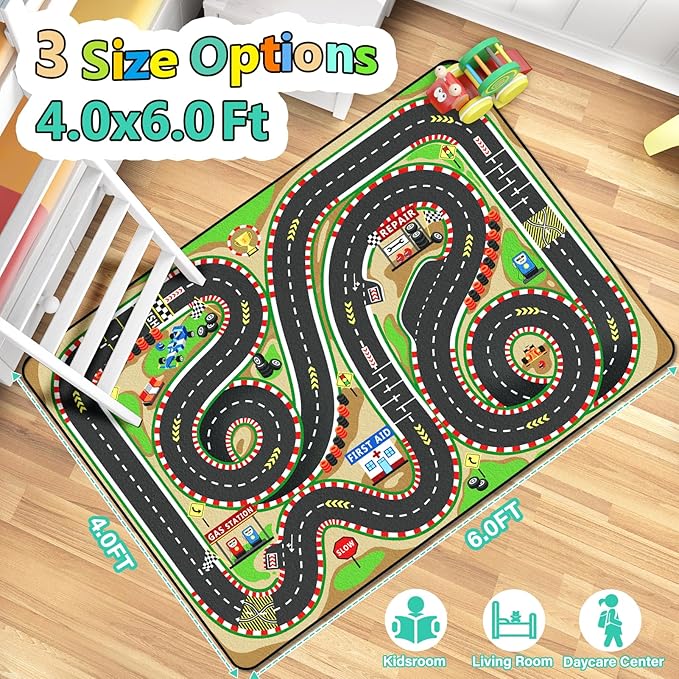 Kids Rug, Race Track Baby Play Mats, Realistic 3D Cascading Surround Route, 4x6 Ft Kids Rug for Playroom, Great for Playing with Cars and Toys, Non-Slip Car Carpet