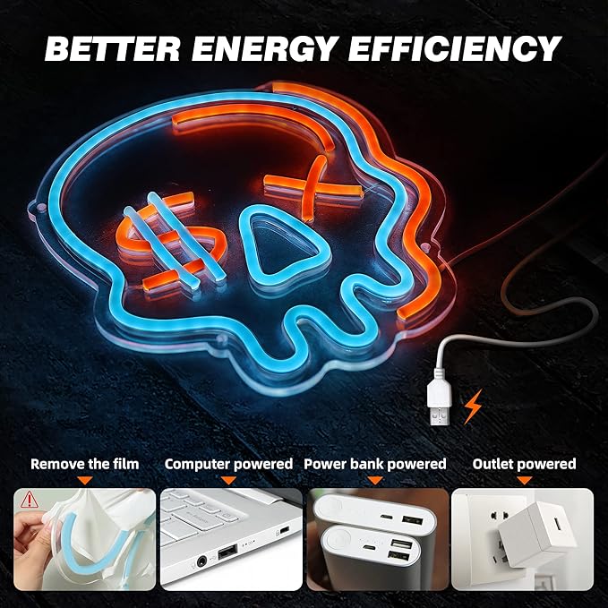 Eufrozy Halloween Neon Sign for Boys Room, Cool Skull Led Signs Kids Bedroom Decor, 6 Dimmable USB Powered Led Lights for Teenage Gamer Wall Decor Man Cave Gifts Blue Skeleton Decorations