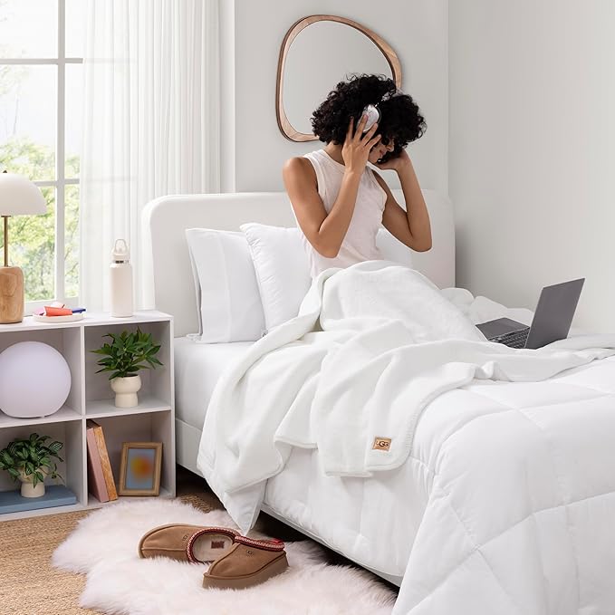 UGG Whitecap Plush Throw Blanket Fleece Lightweight Soft Cozy Throw for Couch or Bed Luxury Home Decor for Living Room Washable Hypoallergenic Blankets for Dorm Decor, 50-inch x 70-inch, White Snow