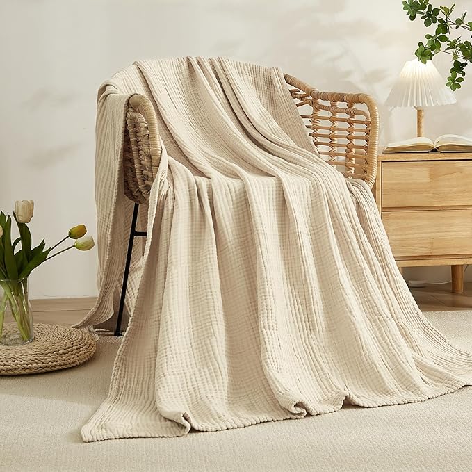 EMME Cotton Muslin Blanket Twin XL - 66"x90" Lightweight Breathable Layering Blanket Bedspread Coverlet All Season Gauze, Light Tan
