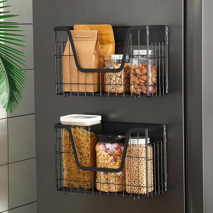 2 Pack Magnetic Shelf for Fridge Fruit Storage Container Fridge Magnetic Baskets Fruit Potato Onion Storage Bins, Pantry Organizer Refrigerator, Kitchen Counter, Cabinet, 12.4 x 7.9 x 5 Inch