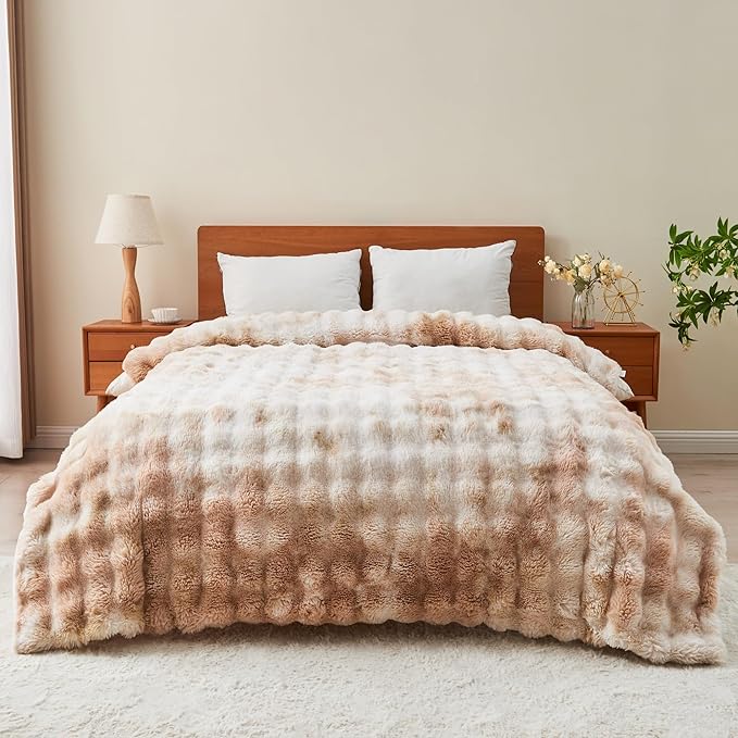 RYNGHIPY Faux Rabbit Fur Bed Throws Fluffy Warm Throw Blanket for Sofa Couch Soft Plush Decorative Blanket Thick and Heavy Cute Bubble Furry Blanket (Light Tan, 63''x79'')