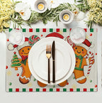 Gingerbread Man Christmas Placemats Set of 4 Candy Cane Xmas Seasonal Holiday Linen Table Mats Red Green Orange Winter Washable Place Mats for Party Kitchen Dining Outdoor Indoor Decor
