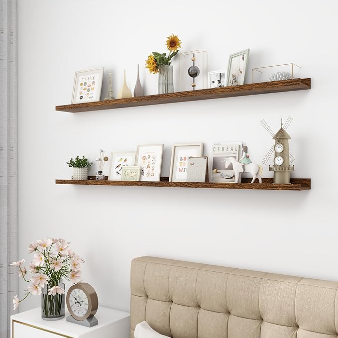 Picture Ledge Shelf, Wood Long Floating Shelves for Wall, Set of 2, 56 inch Picture Ledge Shelves, Photo Ledge Nursery Book Shelves Wall Mounted for Living Room Kids' Room Bedroom, Color Brown