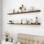 Picture Ledge Shelf, Wood Long Floating Shelves for Wall, Set of 2, 56 inch Picture Ledge Shelves, Photo Ledge Nursery Book Shelves Wall Mounted for Living Room Kids' Room Bedroom, Color Brown