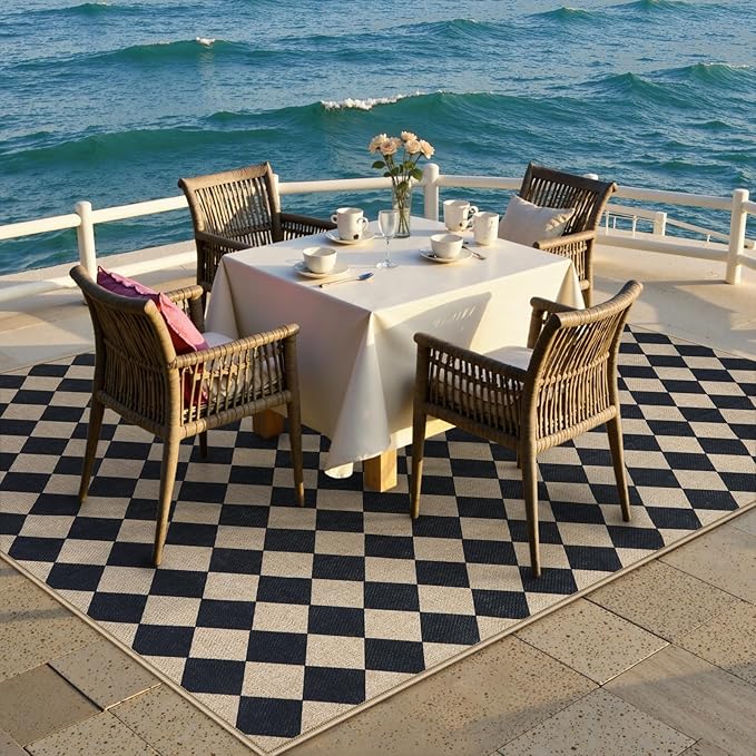 Lahome Checkered Dining Living Room Rug, 5x7 Washable Indoor Outdoor Easy Jute Rug, Farmhouse Neutral Diamond Non Slip Non Shedding Floor Carpet for Sunroom Deck Classroom Office