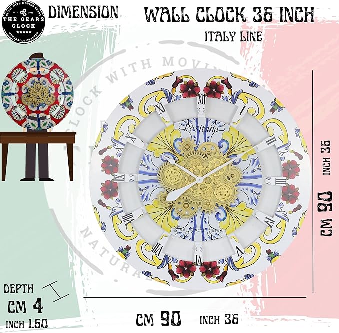 The Gears Clock Wall Clock Italy Collection with Moving Gears (Praiano, 36 inch Round)