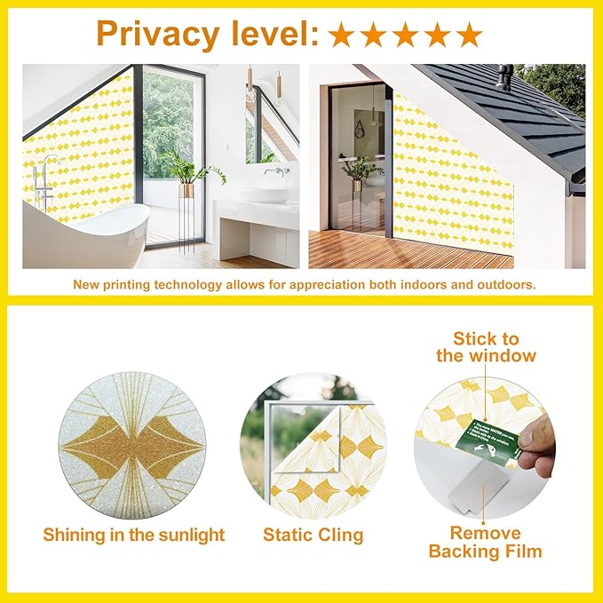 Window Privacy Film Stained Glass Decorative Static Clings Frosted Window Tint for Home Room Decor Bathroom Door Car Stickers with Glittering Effect, Removable(Golden Geometry)