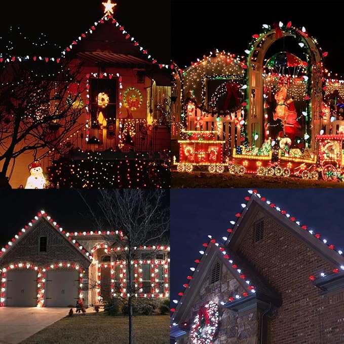 Extendable Red and White 50 LED Waterproof C9 LED Christmas Lights Indoor Outdoor Green Wire, Super Bright C9 Christmas String Lights for Tree, Patio, Easter, Porch, Home, Christmas Decorations