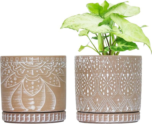 6 Inch Indoor Plant Pots with Drainage Holes and Saucers, Ceramic Planter for Plants, Flower Pot - Set of 2