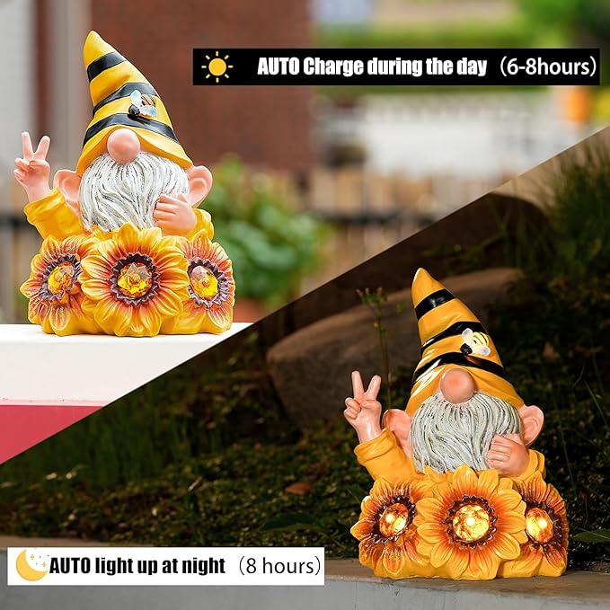 Garden Sculptures & Statues Resin Summer Bee Gnome with Sunflower, Outdoor Funny Decoration Solar Light Figurine Gifts for Yard, Patio Decor for Mom