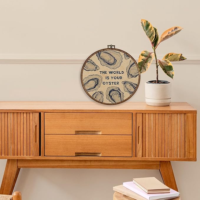 XBBMGG Oyster Wall Art Decor, Coastal Vintage Oyster Shell Round Wall Hanging Decor, Beach Ocean Nautical The World Is Your Oyster Framed Canvas Prints for Living Room Bathroom Decorations, 10x10inch