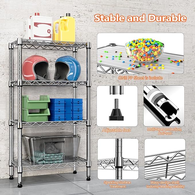 1000 lbs 4 Tier Shelf Metal Storage Shelves Wire Rack Closet Organizers with PP Board for Garage Kitchen Bathroom Laundry Chrome 11.8" D x 21.7" W x 39.5" H