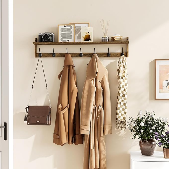 BAMEOS Coat Rack Wall Mount, Large Wooden Coat Hooks with Shelf, 35" L, 7 Dual Metal Hooks for Entryway, Bathroom, Kitchen, Living Room, Bedroom