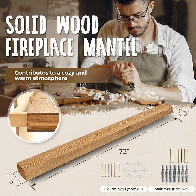 72x8x3 Fireplace Mantel - Handcrafted Hollow Rustic Solid Wood Wall Mounted Floating Shelf with Invisible Heavy Duty Wood Bracket (Natural Wood)