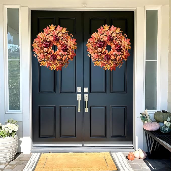 26'' Large Fall Wreath for Front Door, Autumn Wreaths for Outdoor Home Decor - Farmhouse Wreath with Maple Leaves, Pumpkins, Roses, Thanksgiving Decoration, Rustic Harvest Festival Door Hanging