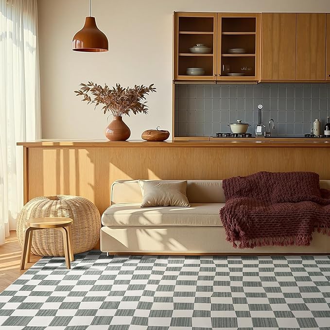 jinchan 8x10 Checkered Area Rugs for Kids Room - Machine Washable Soft Rug Modern Geometric Lattice Non-Slip Carpet for Nursery Playroom Classroom Living Room Bedroom Dining Room Home Office Grey