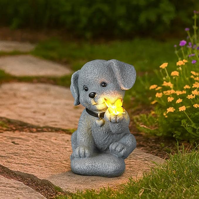 Solar Puppy Dog Garden Decor - Cute Pet Memorial Statue, Auto On/Off LED Light, Weatherproof Resin for Yard Pathway & Dog Lover Gifts