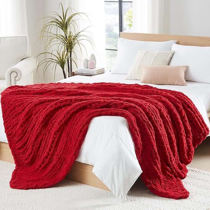 L'AGRATY Chunky Knit Blanket Throw - Soft Chunky Throw Blanket 40x50: 100% Hand Kintted Chenile Crochet Blanket Large Cable Knit Chunky Blanket - Rope Knot Throw Blanket for Couch Home Decor(Red)