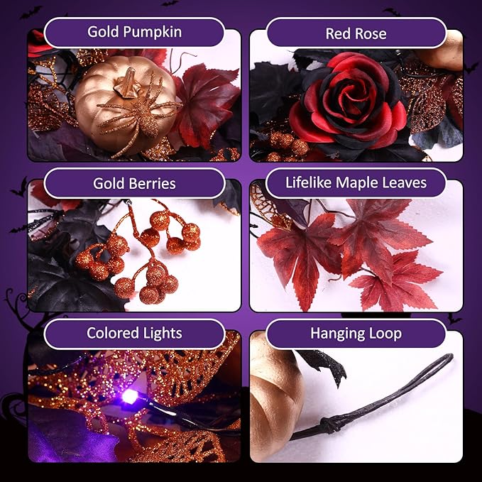SHareconn 9FT Halloween Garland with Purple Lights Battery Operated and Timer, Pre-Lit Black Red Maple Leaves Lighted Garland Decorations for Fireplace Mantle Centerpiece Indoor Outdoor Decor, 9 FT