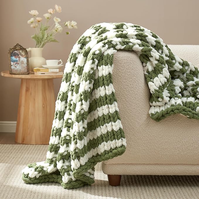 Amélie Home Chunky Knit Throw Blanket for Couch, Soft Chenille Crochet Blanket for Sofa, 50"x60", Sage Green & White Striped