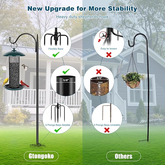 Gtongoko 47 inch Small Shepherds Hooks for Outdoor with 5 Prongs, Adjustable Bird Feeder Pole Garden Hooks for Hanging Lanterns, Plants Baskets, Hummingbird Feeders, 2 Pack