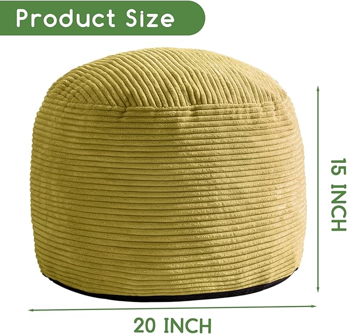HIGOGOGO Round Stuffed Pouf Ottoman, Corduroy Poufs with Foam Chunk Filling, Furry and Fluffy Pouf Foot Stool Storage Ottoman, 20 X 15 Floor Poufs Foot Rest for Living Room, Green