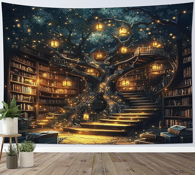 HVEST Fantasy Library Tapestry Fairytale Tree Vintage Bookshelf Tapestry for Bedroom Retro Bookshelf Book Wall Decor for Classroom Study Room College Room Dorm, 40L x 60W Inches