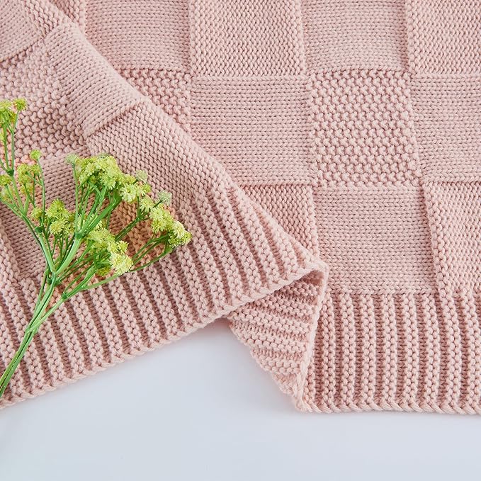 CozeCube Check Knit Throw Blanket, Pink Checkered Throw for Couch, Decorative Christmas Soft Cozy Warm Knitted Blanket for Bed Sofa Living Room, 50"X60"