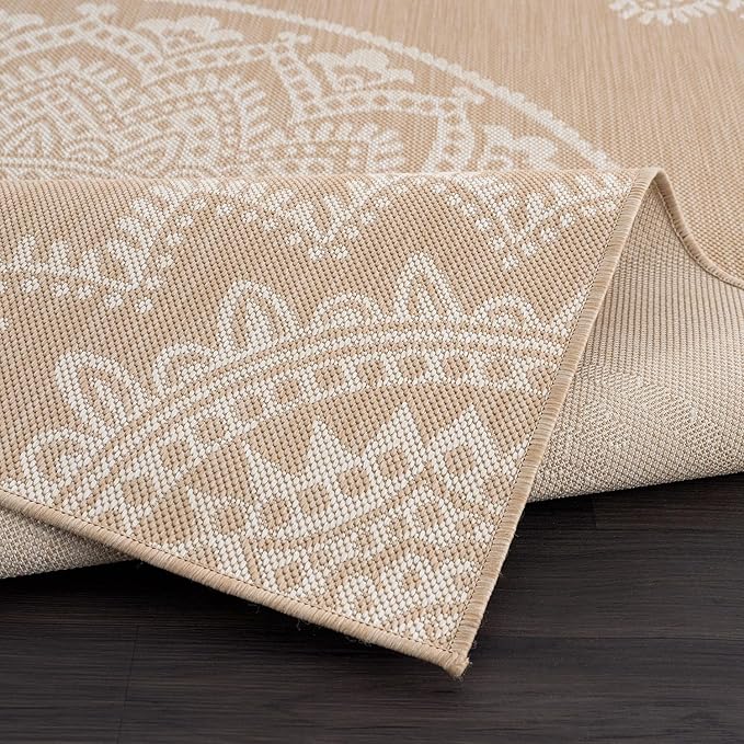 CAMILSON Outdoor Rug 9x12 Modern Area Rugs for Large Indoor and Outdoor Patios and Porches - Waterproof Washable Non-Shedding Easy-to-Clean Outside Carpet (9 x 12, Medallion - Beige/White)