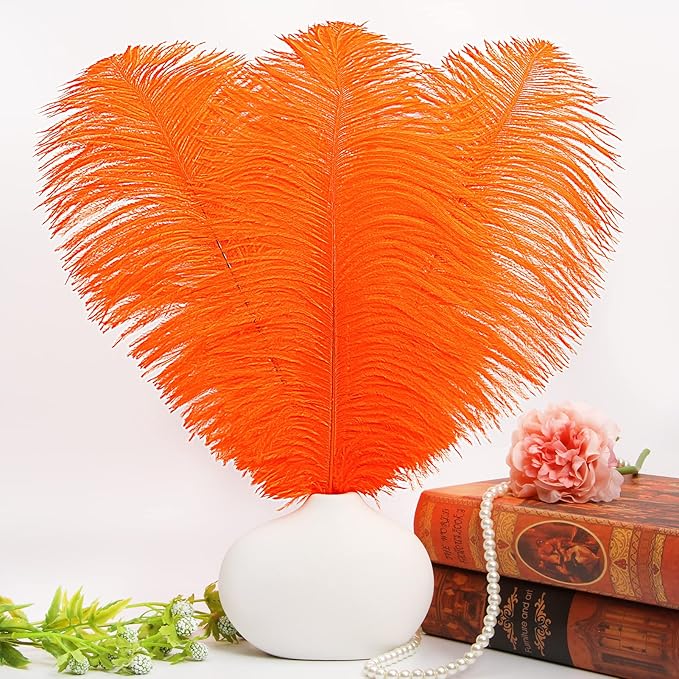 THARAHT Orange Ostrich Feathers 12pcs Large Natural Bulk 12-14Inch 30cm-35cm for Wedding Party Centerpieces Halloween and Home Decoration Feathers