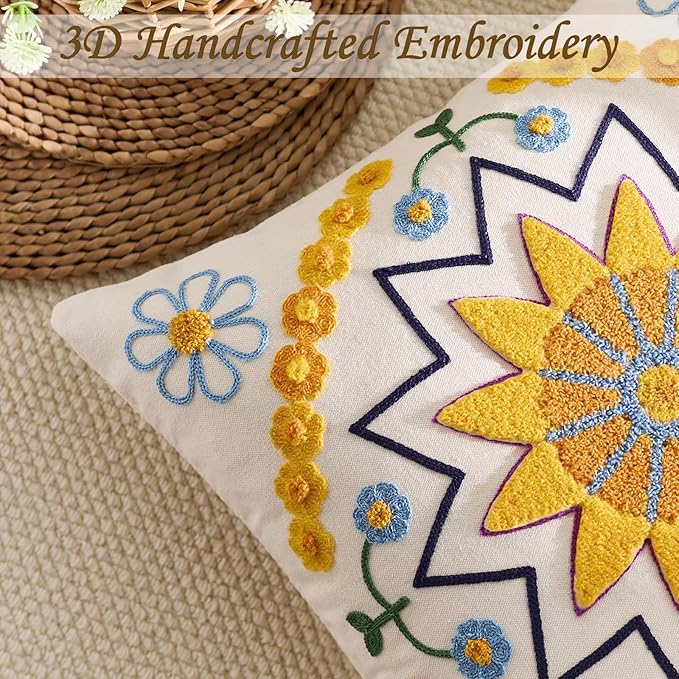 Embroidered Throw Pillow Cover 18x18 Classic Boho Floral Pattern Pillows Cover Outdoor Decorative Pillowcase,Durable Cozy Textured Cushion Case for Sofa Couch Bed Living Room,Yellow