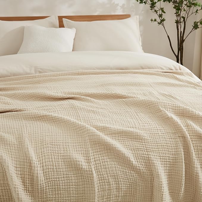 EMME Cotton Muslin Blanket Twin XL - 66"x90" Lightweight Breathable Layering Blanket Bedspread Coverlet All Season Gauze, Light Tan