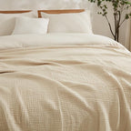 EMME Cotton Bed Blanket Twin Size Soft Muslin Boho Bedding Lightweight Breathable Twin Blanket All Season Gauze, Light Tan