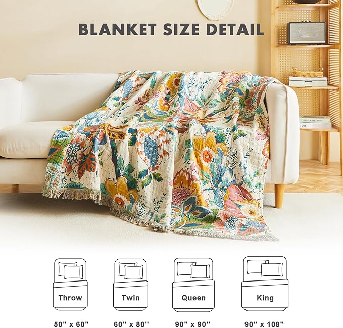 MSGKV Boho Throw Blanket for Couch Bed Chair 100% Cotton Muslin Breathable Vine Embroidery Blanket 50"x60" Sofa Blankets for All Seasons Lightweight Farmhouse Blankets Boho Home Decor