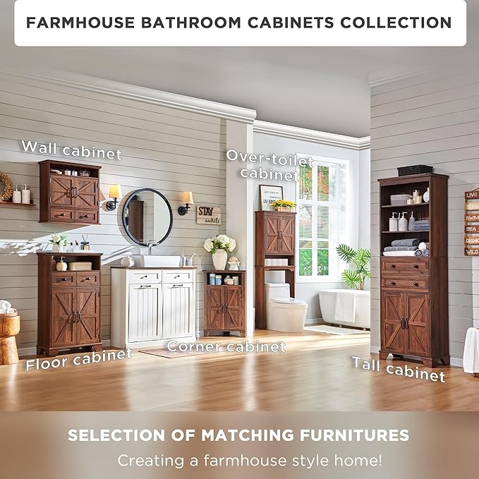 Farmhouse Bathroom Storage Cabinet, 24" Wide Floor Cabinet w/Barn Doors, Adjustable Shelf & Drawer, Cabinets for Bathroom, Kitchen, or Living Room, Brown