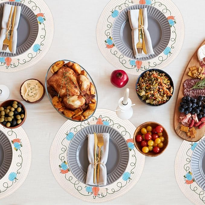Whaline 4Pcs Round Fall Placemats Pumpkin Embroidered Place Mats Autumn Dinner Table Mats for Home Harvest Thanksgiving Holiday Party Decor
