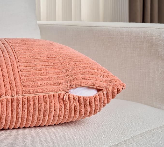 Fancy Homi 2 Packs Coral Samll Decorative Throw Pillow Covers 14x14 Inch with for Couch Bed Sofa, Rustic Farmhouse Boho Home Decor, Soft Corss Patchwork Corduroy Square Peach Cushion Case 35x35 cm