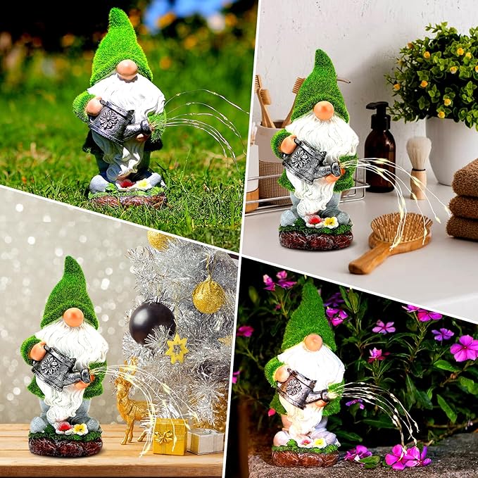 Flocked Solar Garden Gnomes Outdoor Statues-11.8‘’Outdoor Garden Decor-LED Outdoor Decor Light-Unique Housewarming Gifts Yard Art Sculptures for Patio Lawn Ornaments